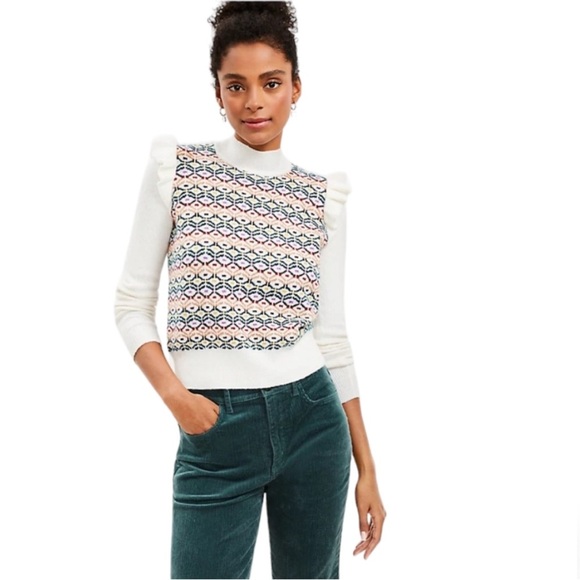 LOFT White Sweater with Multicolor Pattern - Picture 5 of 12